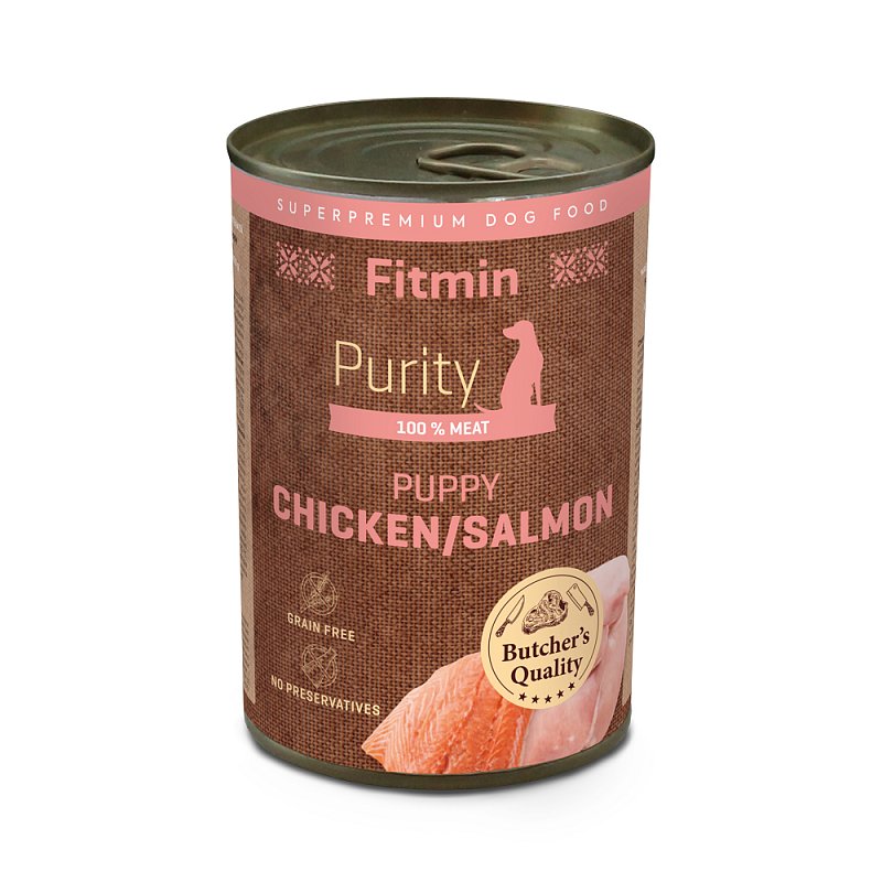 Fitmin Purity Konzerva kuřecí s lososem pupy 400 g